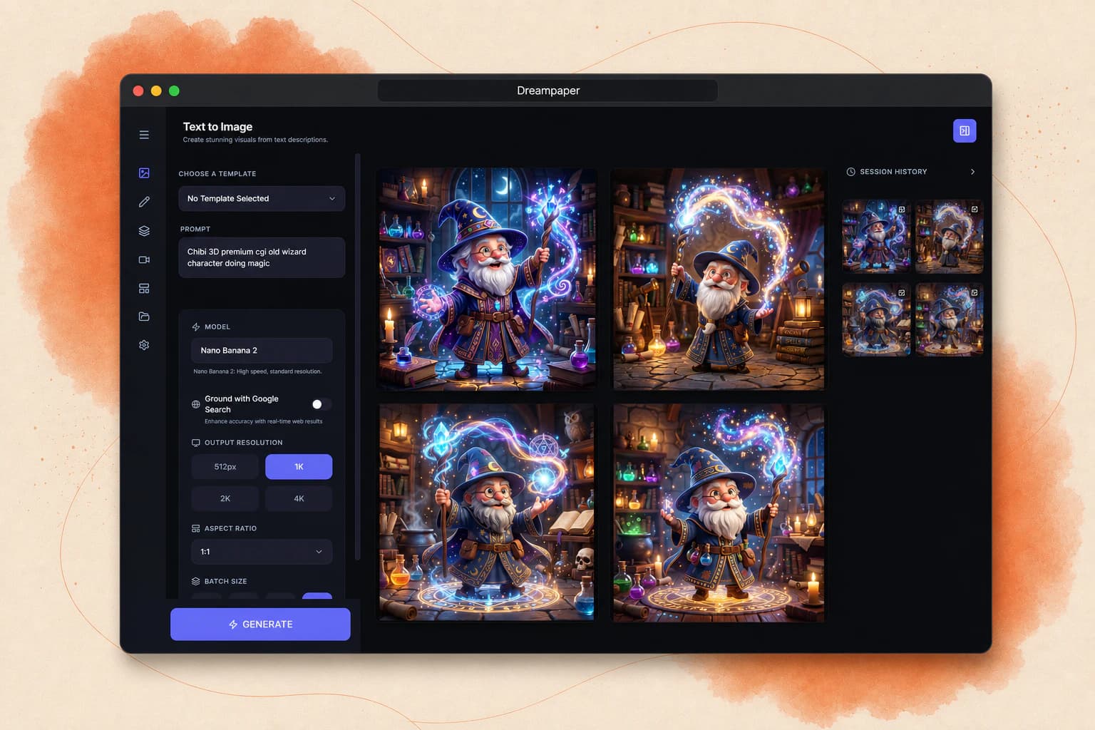 Dreampaper AI image-production workspace presented in a dark browser frame on a warm editorial background.