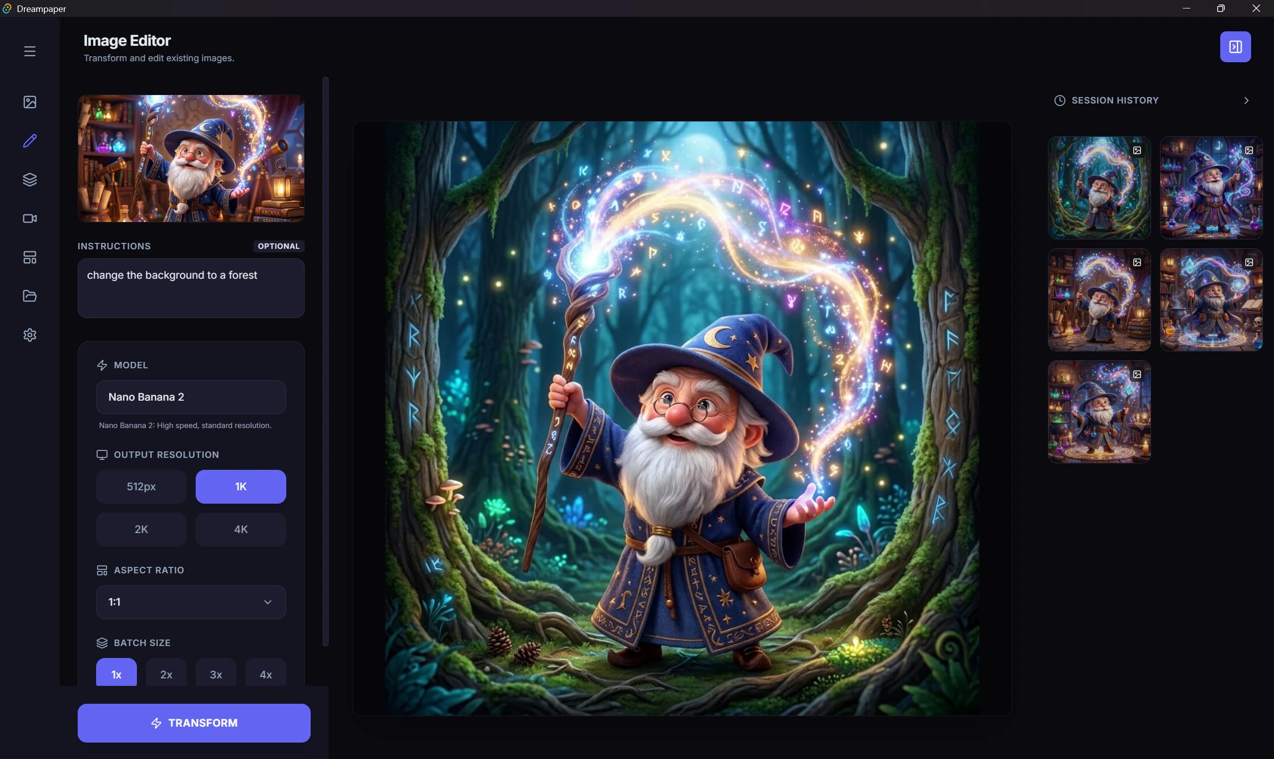 Dreampaper image editor transforming a generated wizard scene through a natural-language instruction while preserving generation controls and history.