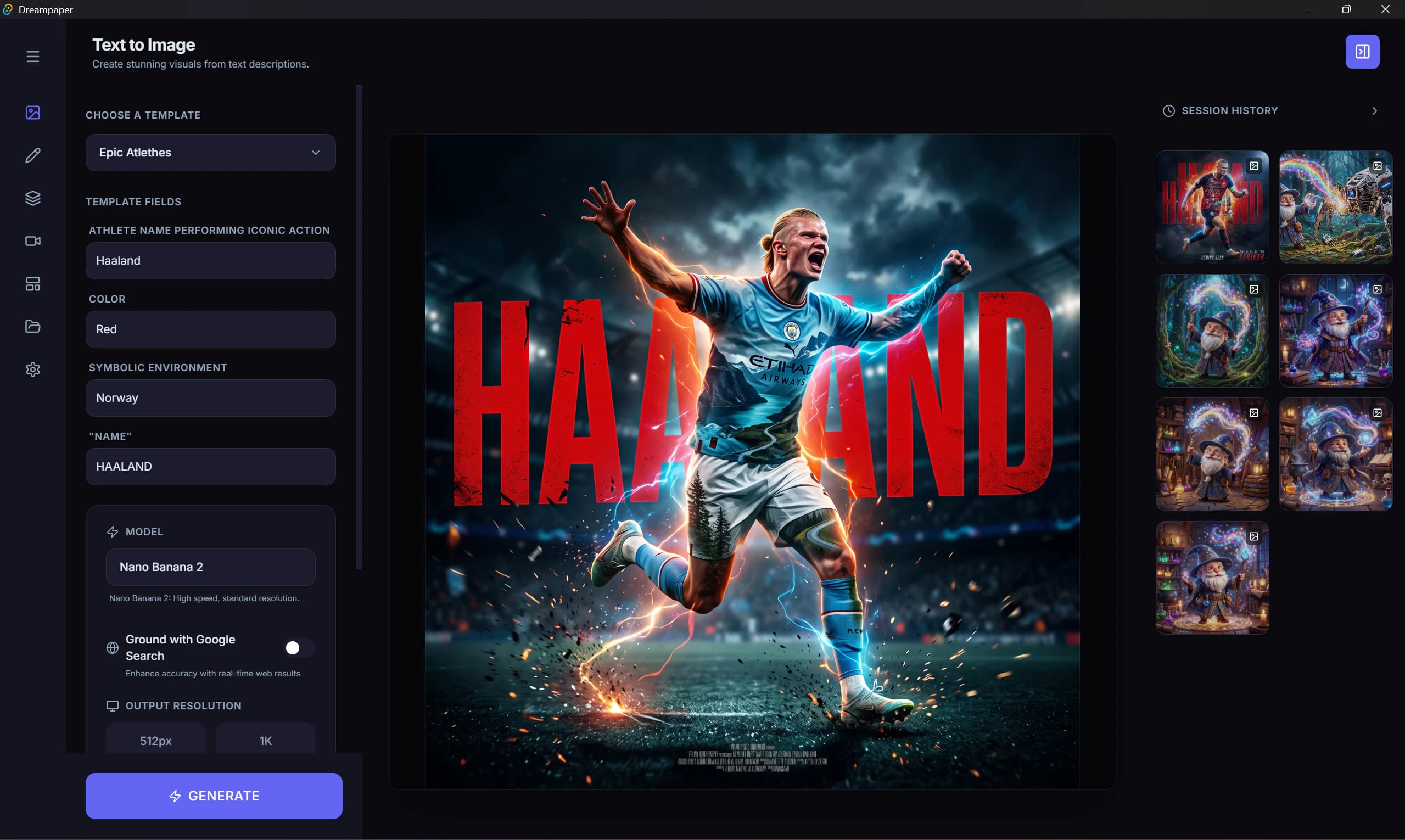 Dreampaper running an Epic Athletes template with structured fields to generate a repeatable football poster.