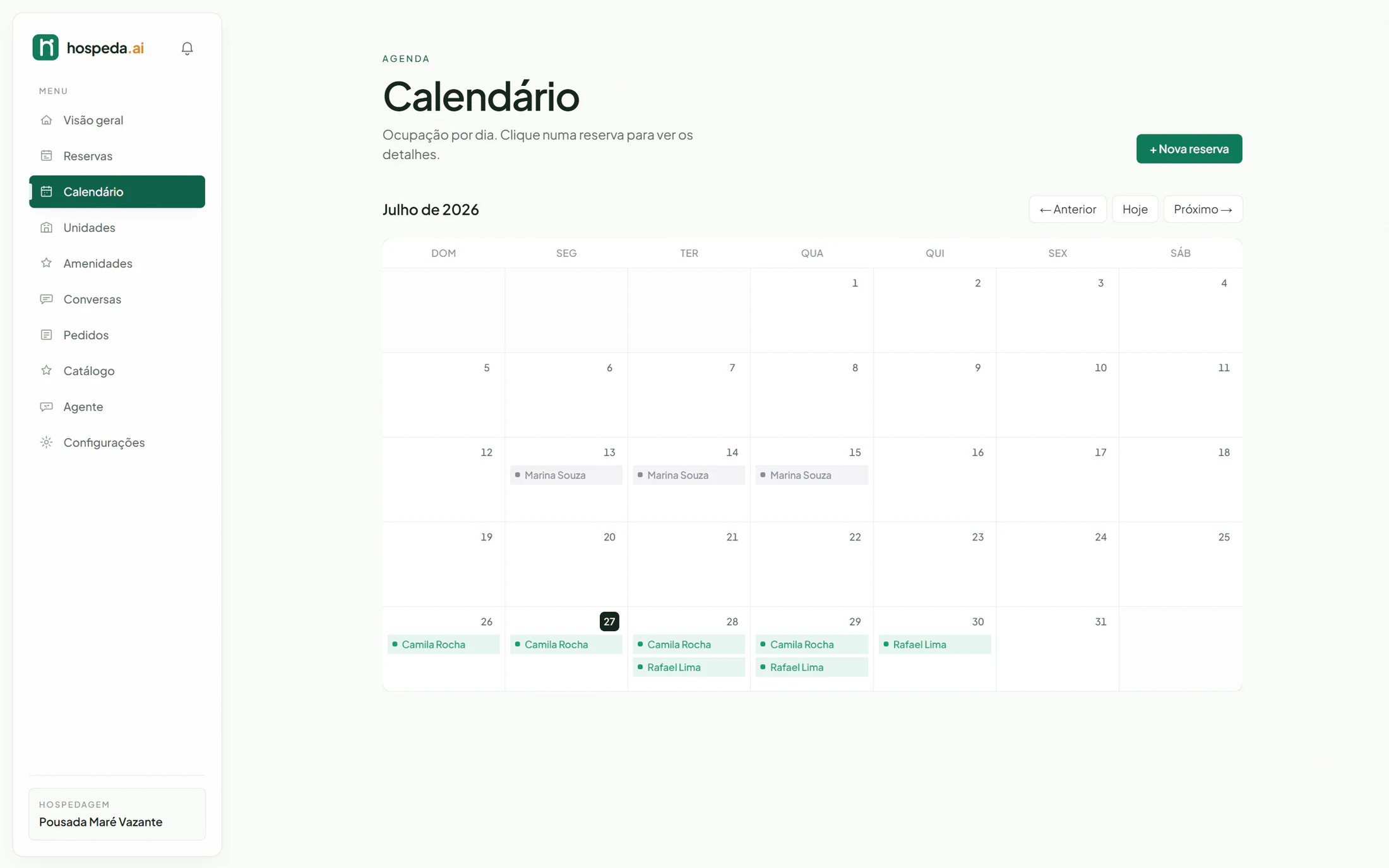 Hospeda.ai availability calendar showing reservations and occupancy across the month with controls for adding and navigating bookings.