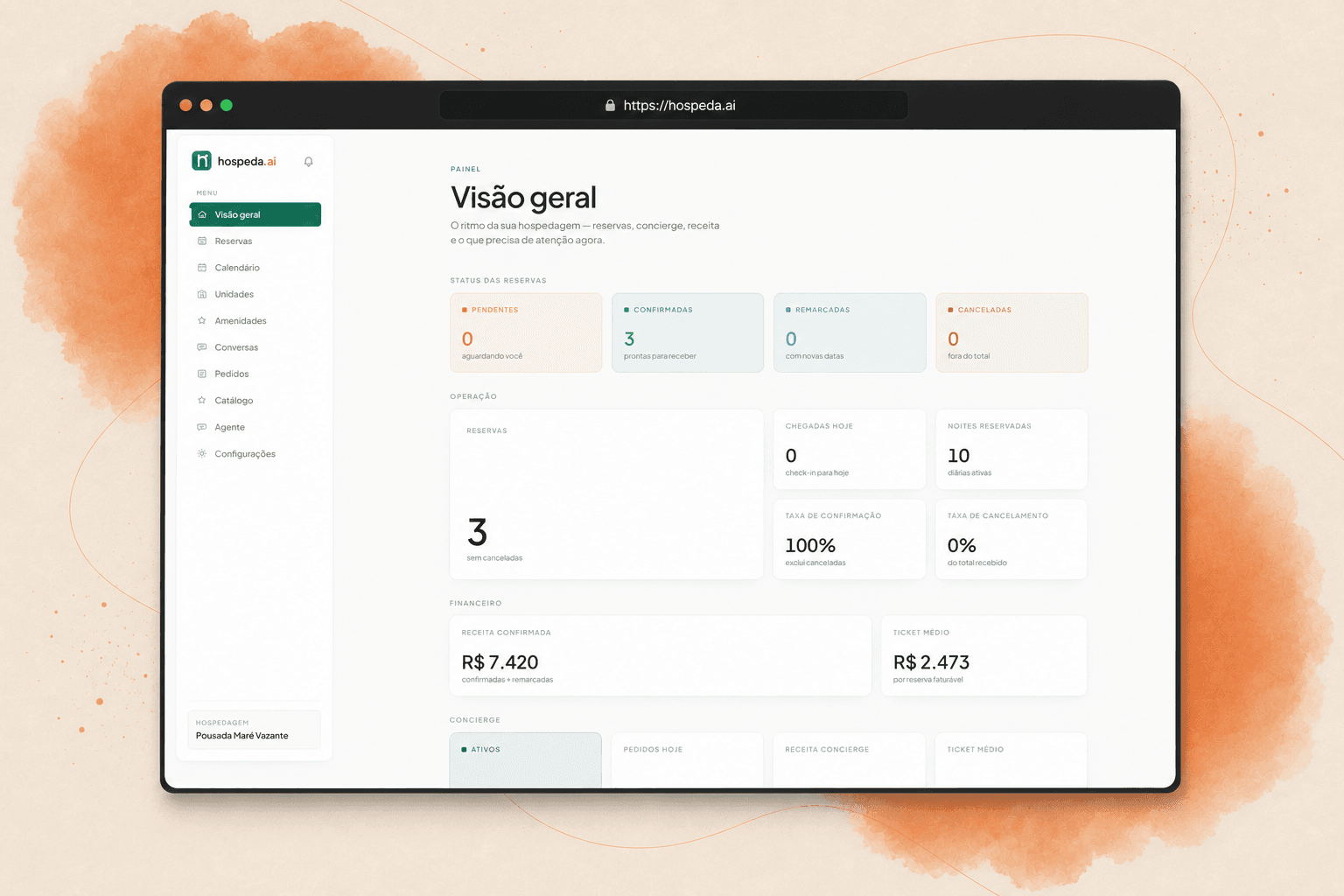 Hospeda.ai hospitality dashboard presented in a browser window on a warm editorial background.
