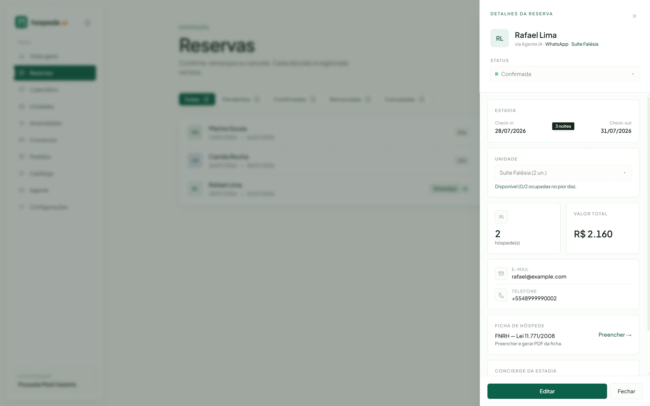 Hospeda.ai reservation detail panel showing guest information, stay dates, unit availability, booking value, contact details, and operational actions.