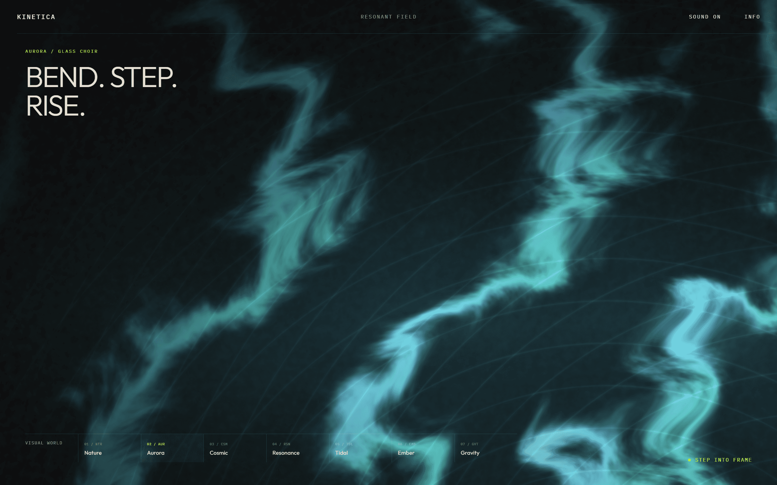 Kinetica Aurora visual world with a cyan GLSL field reacting to movement in real time.