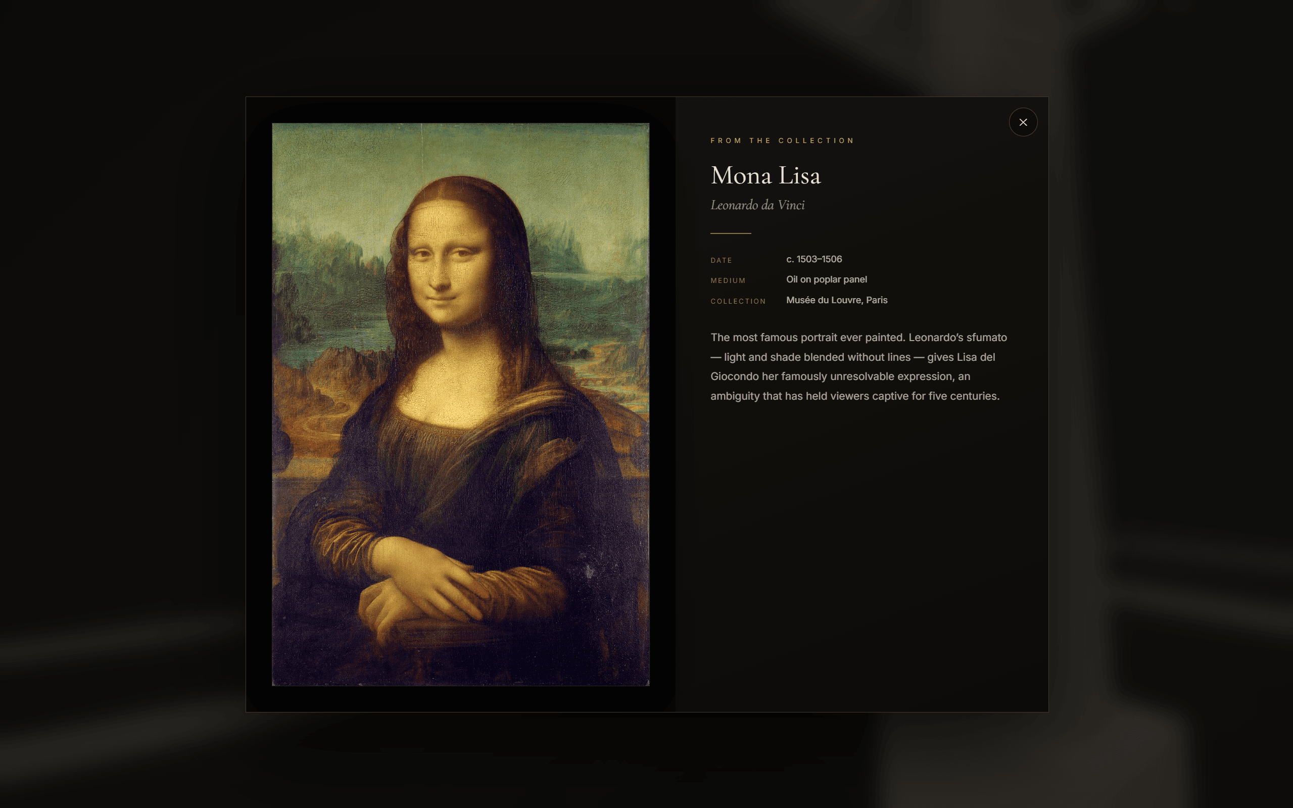 Lumina artwork inspection view presenting the Mona Lisa with details about Leonardo da Vinci, its date, medium, and collection.