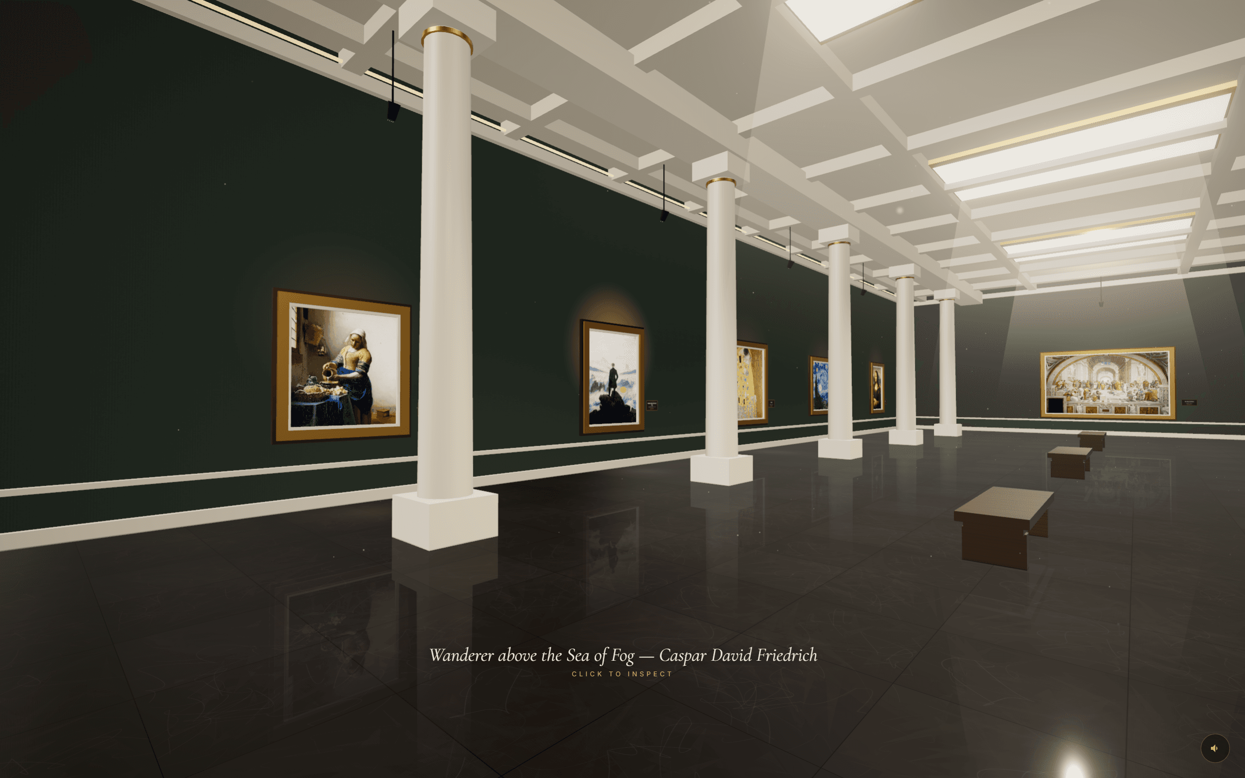 Inside the Lumina virtual museum, with classical columns and masterworks displayed along a dark gallery wall.