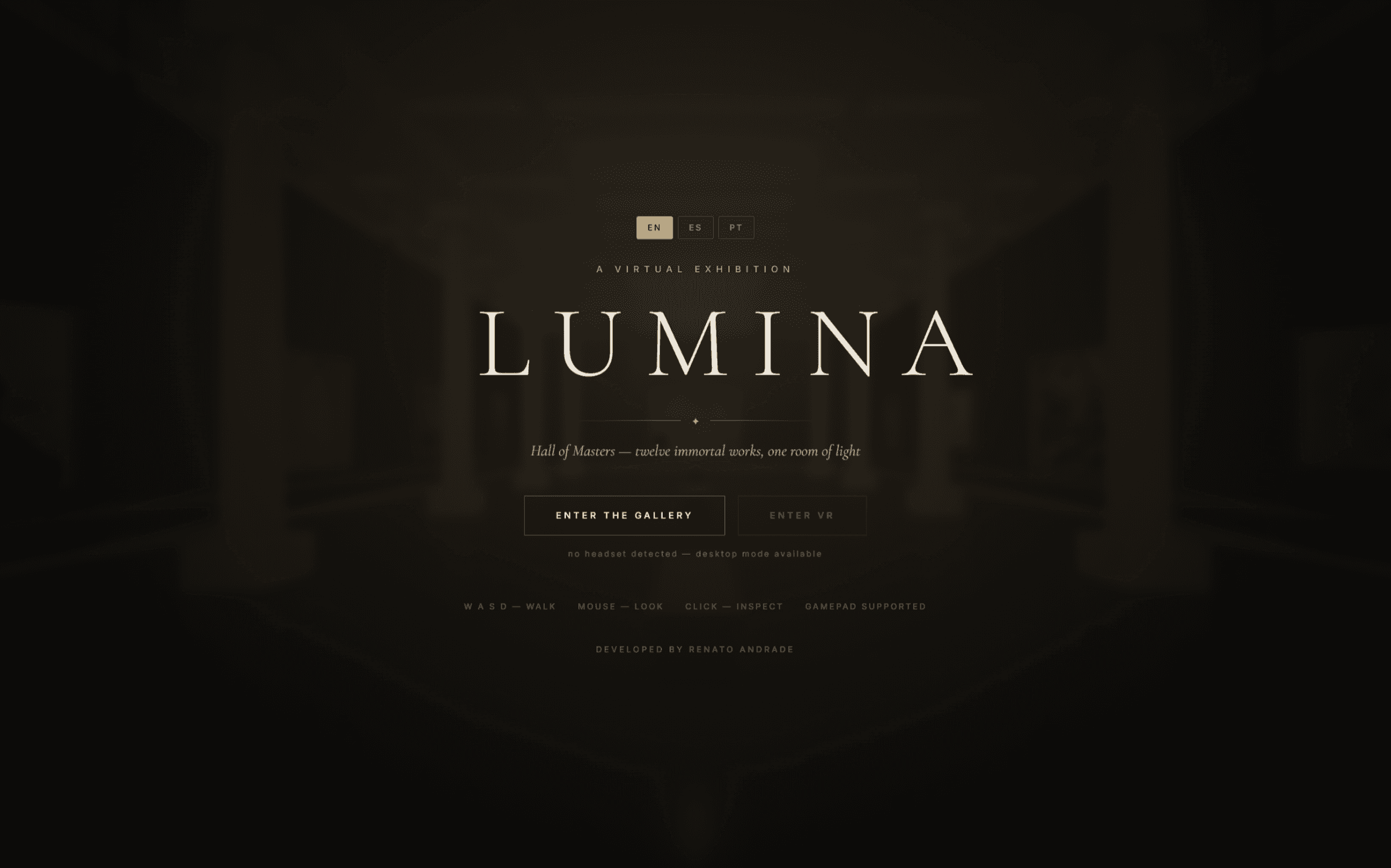 Lumina Hall of the Masters title screen inviting visitors to enter a virtual exhibition.