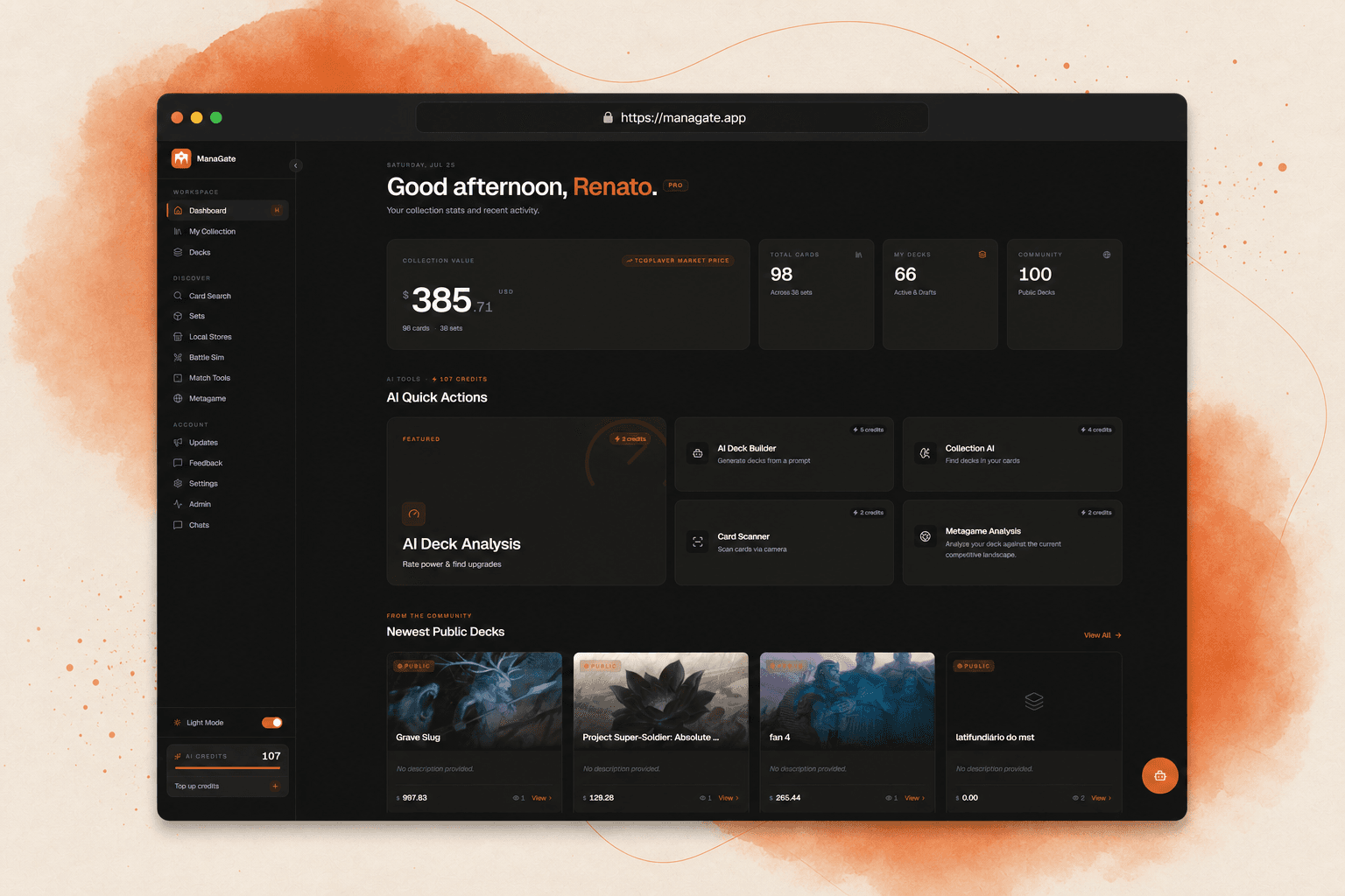 Mana Gate dashboard presented in a dark browser window on a warm editorial background.