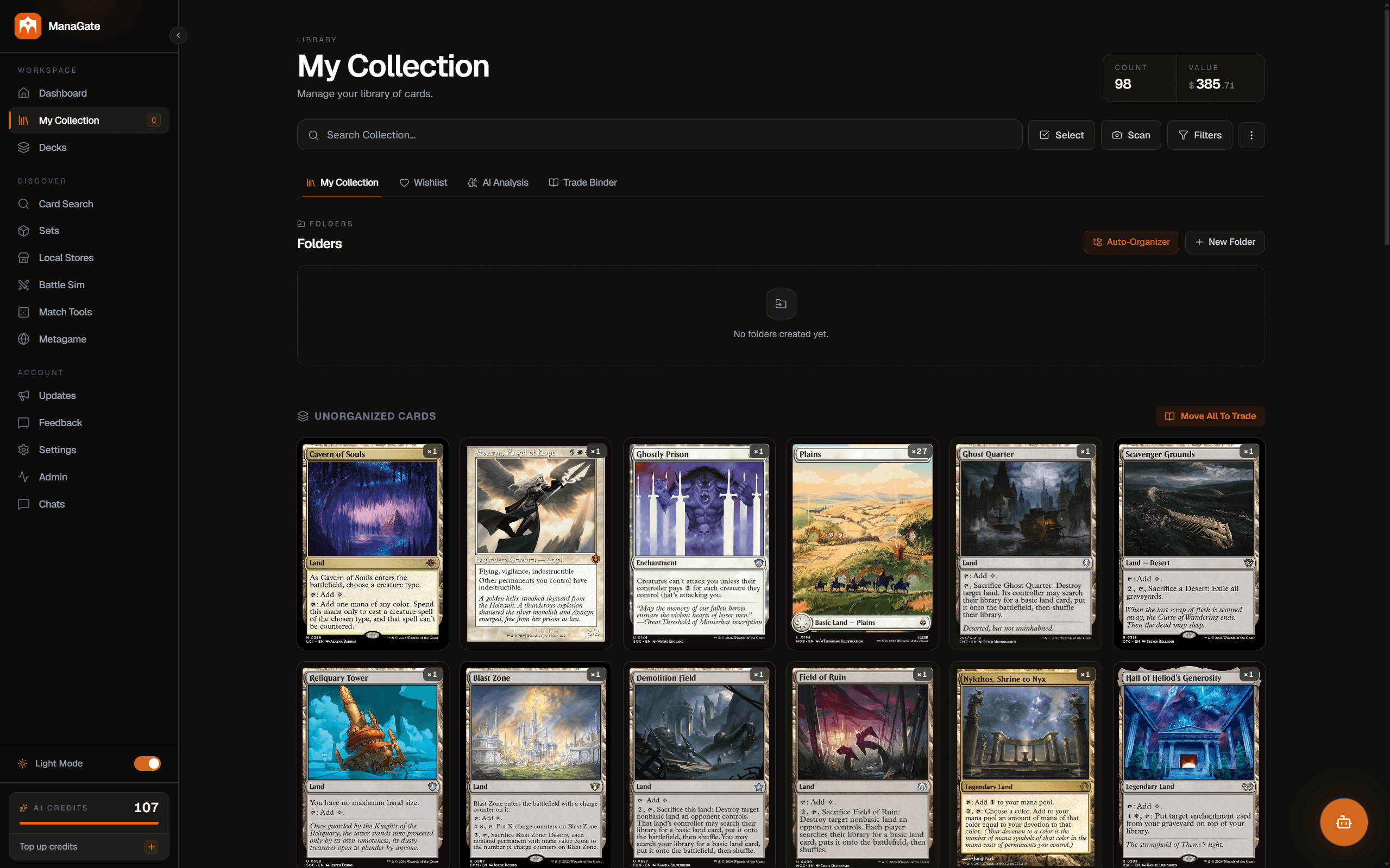 Mana Gate collection library with folders, card scanning, filters, AI analysis, and an organized card grid.