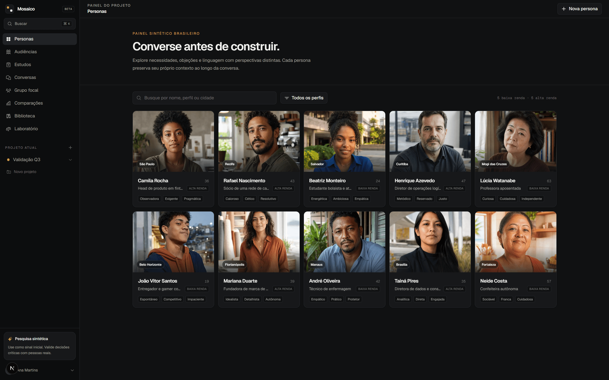 Mosaico synthetic personas panel showing ten distinct participant profiles prepared for exploratory product research.