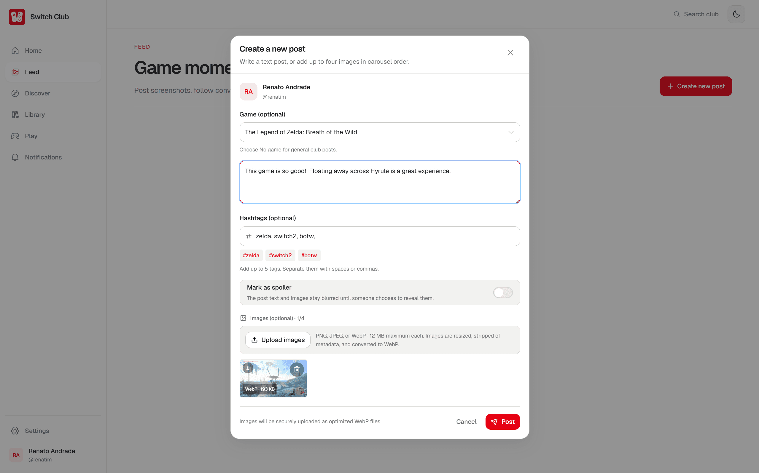 Switch Club post composer for sharing a game moment with a selected title, hashtags, spoiler controls, and an uploaded screenshot.