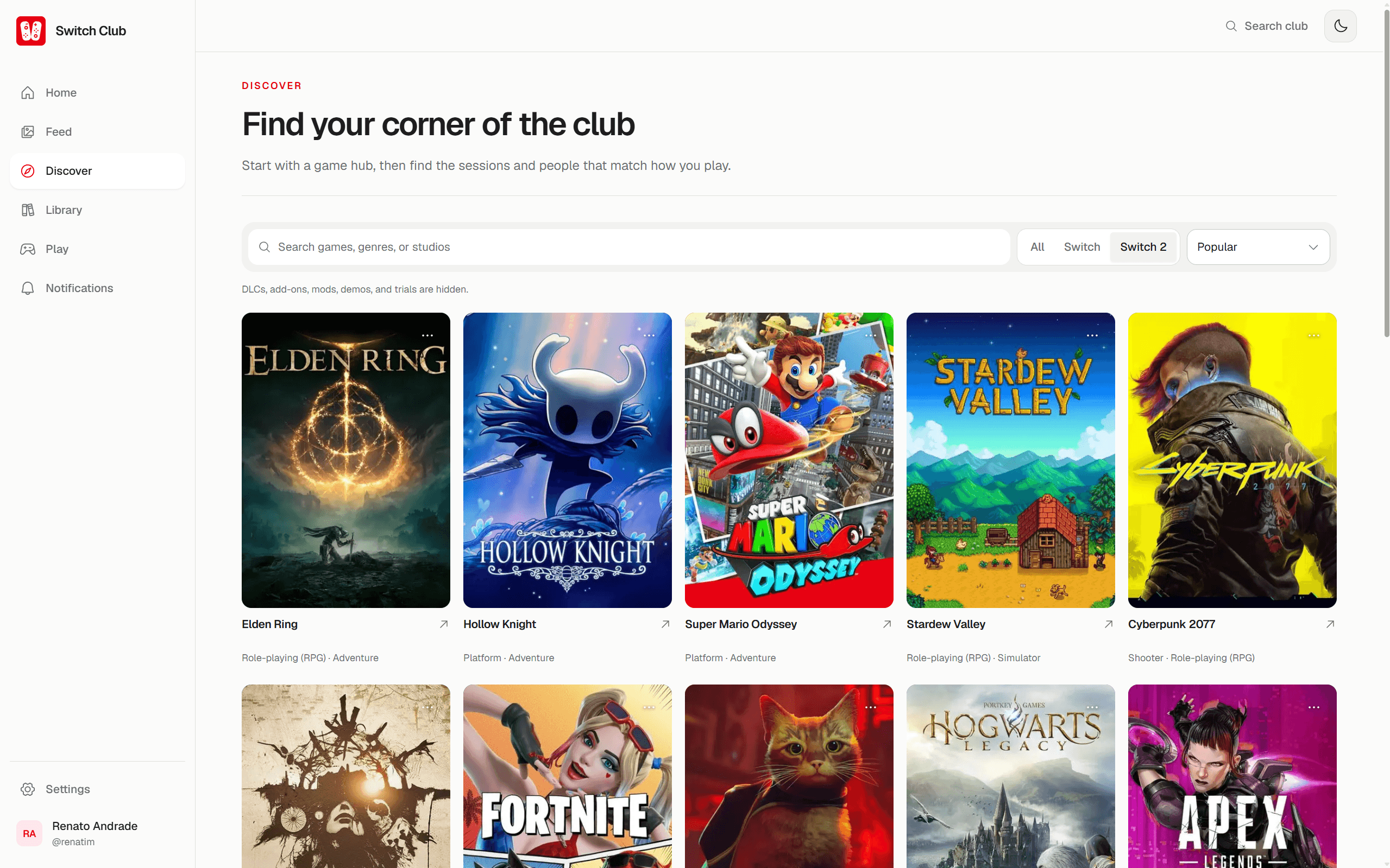 Switch Club discovery page filtering a visual game catalog by console, popularity, title, genre, or studio.