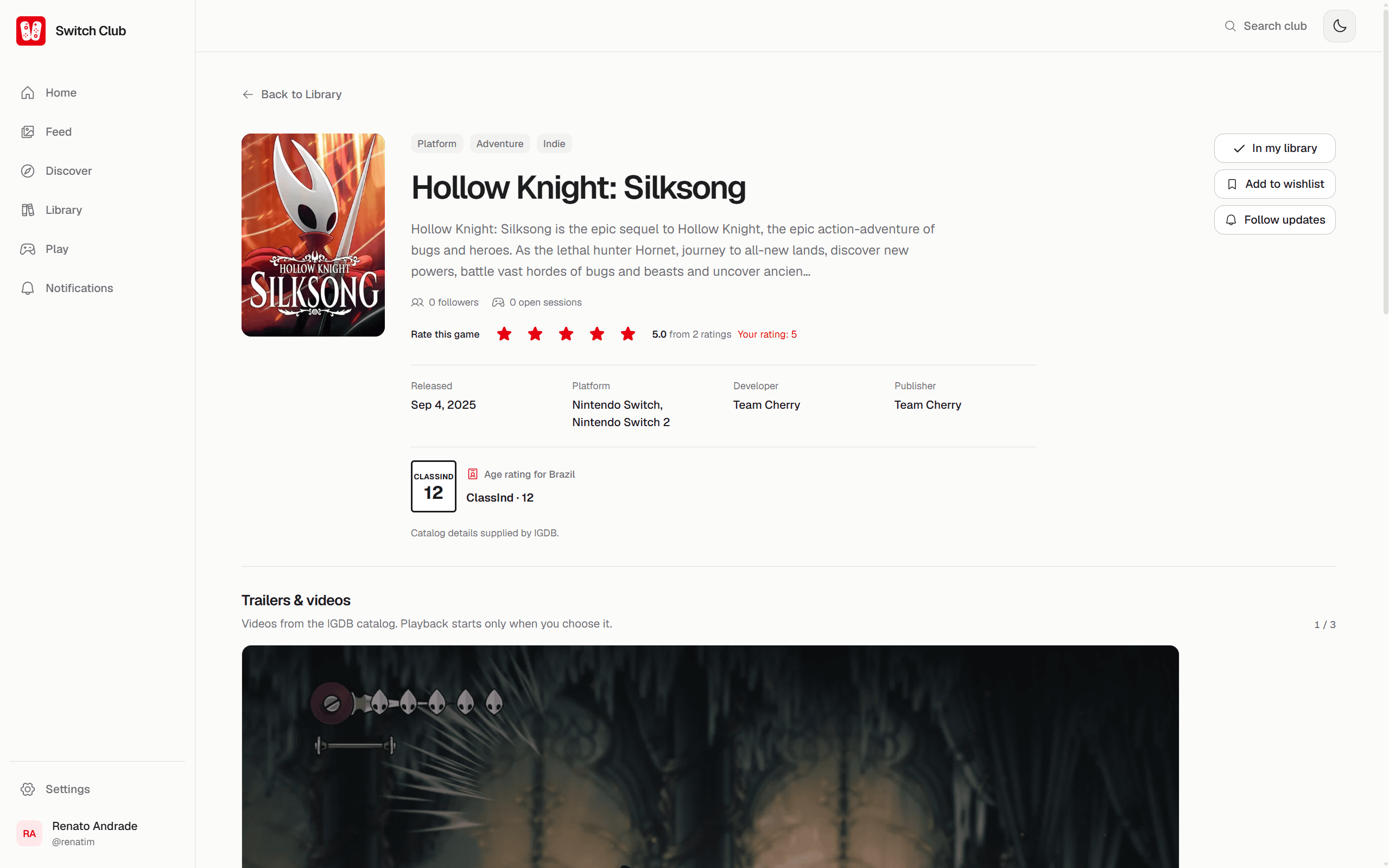 Switch Club game page for Hollow Knight Silksong with ratings, follows, library actions, metadata, and trailers.