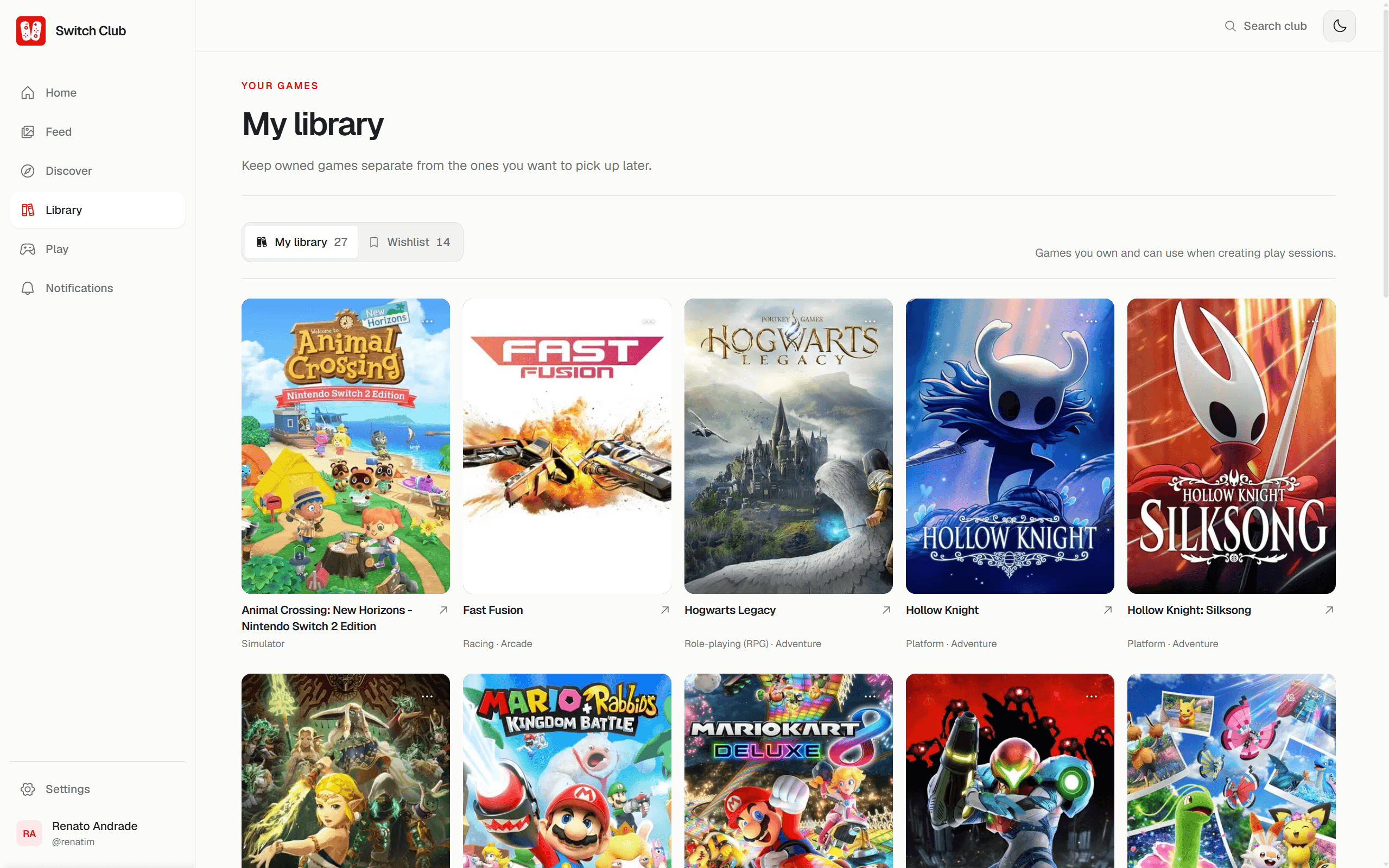 Switch Club personal game library separating owned Nintendo Switch games from a wishlist.