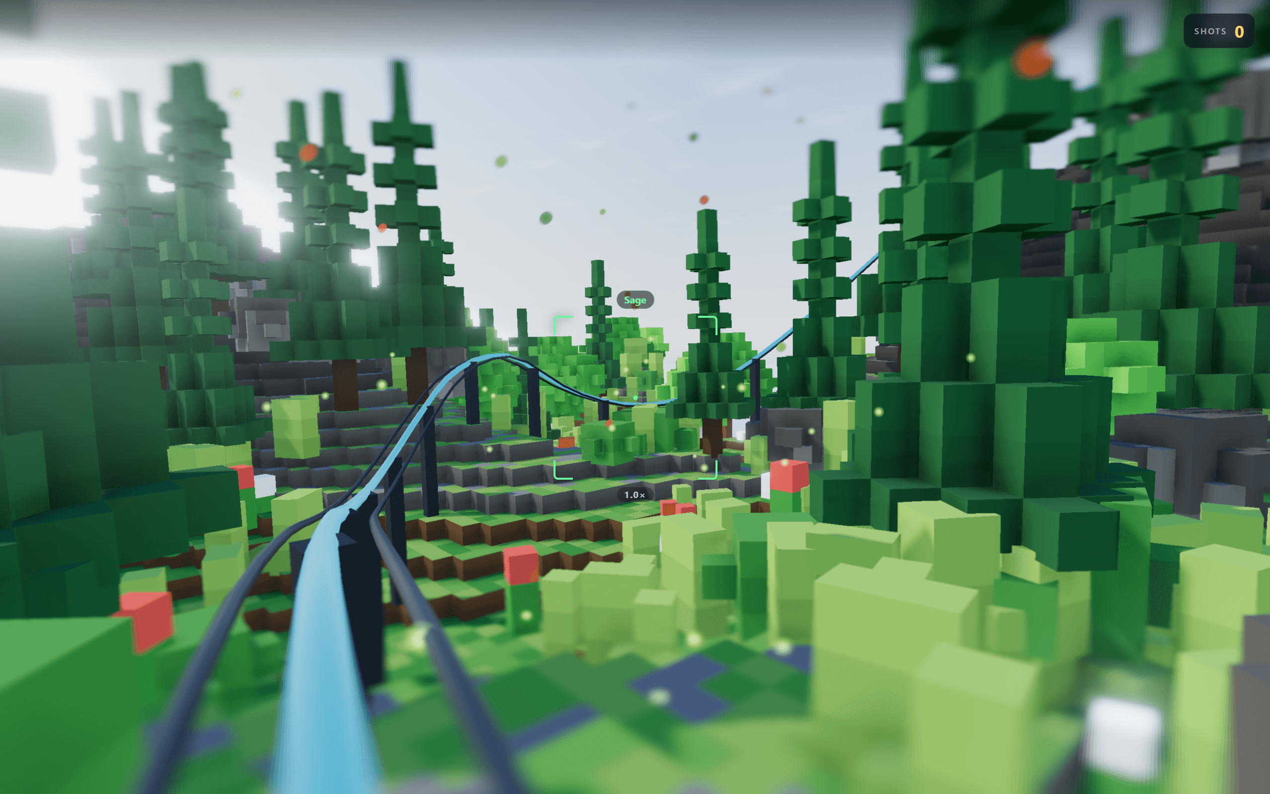 Wildlens on-rails camera view moving through a procedurally generated voxel forest while tracking Sage.