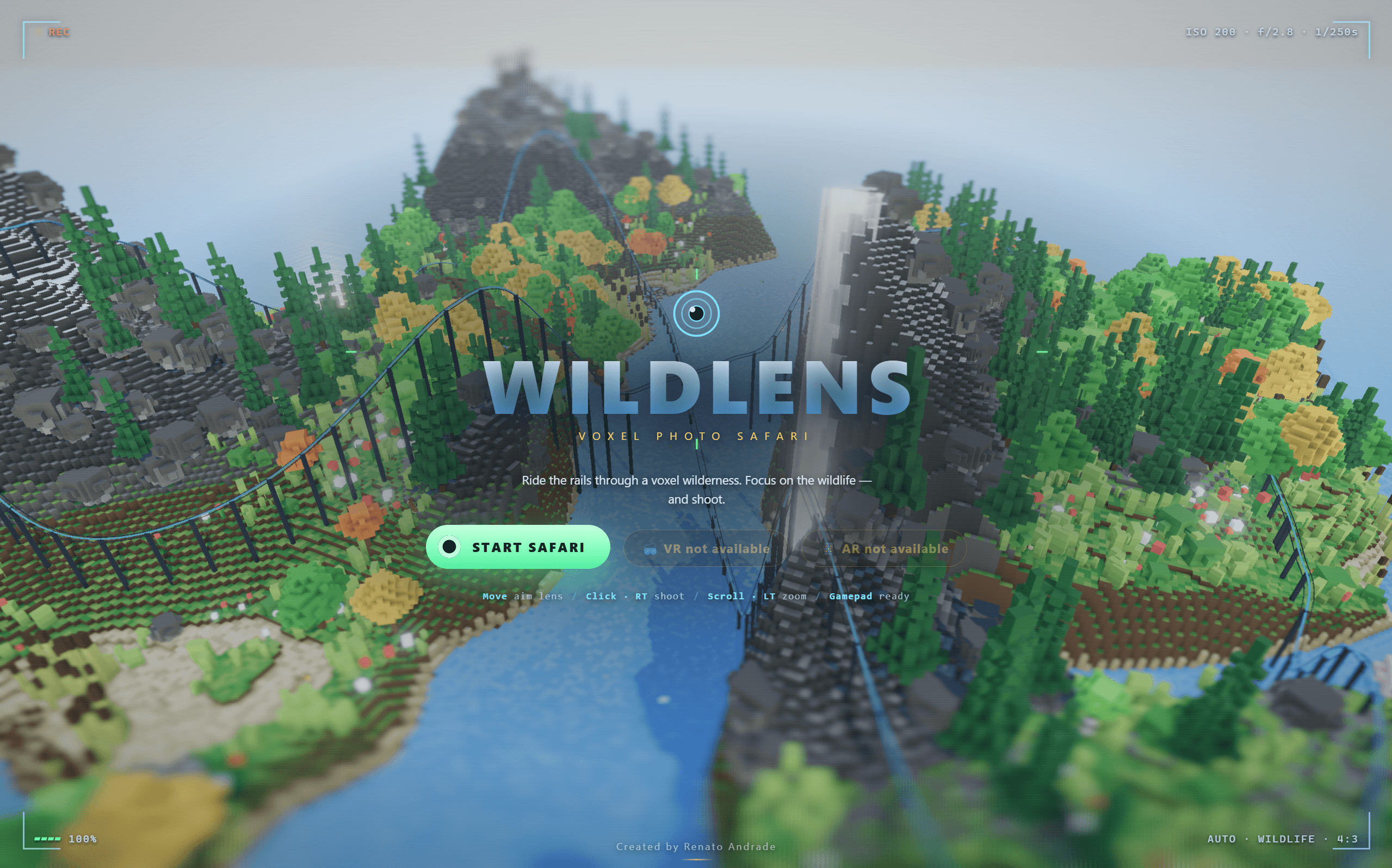 Wildlens voxel photo safari showing a procedurally generated landscape, wildlife, and an on-rails camera interface.