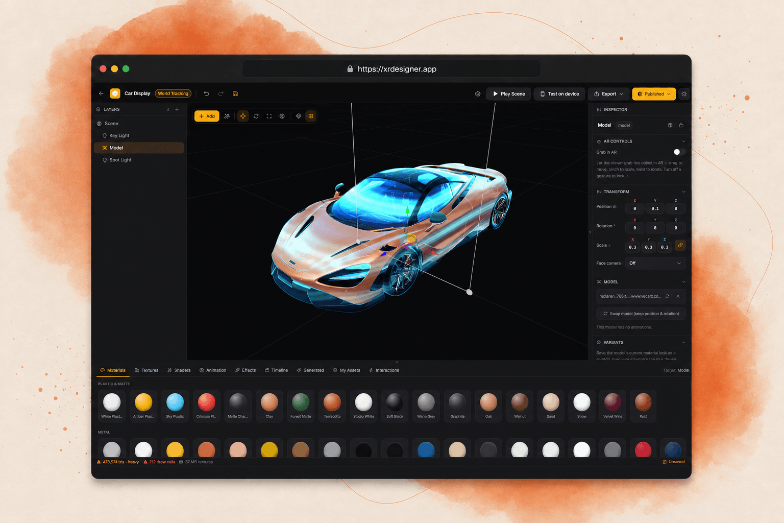 XR Designer WebAR editor showing a sports car inside a browser-based 3D scene studio.