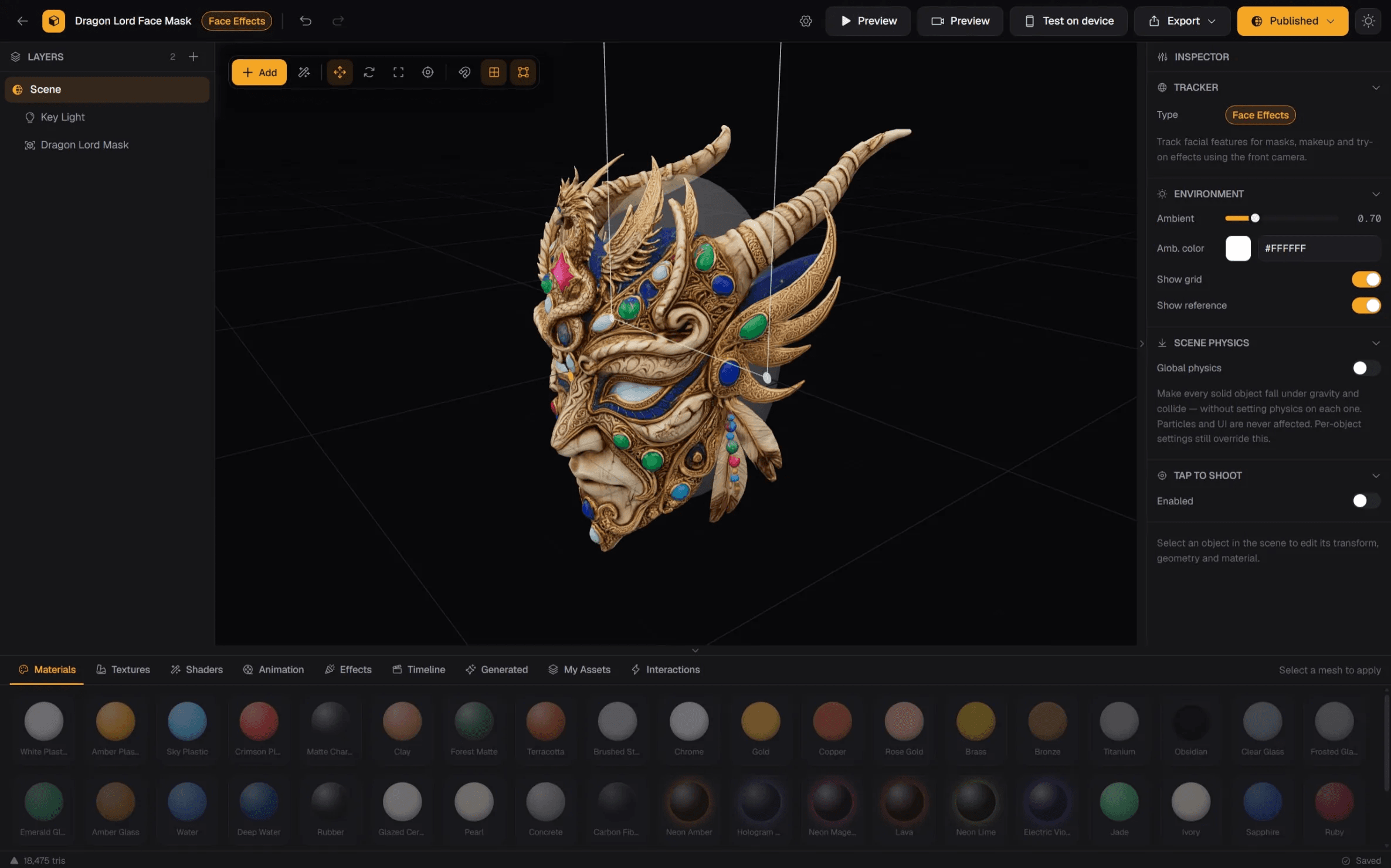 XR Designer face-effects workspace composing an ornate dragon mask for camera-based augmented reality.