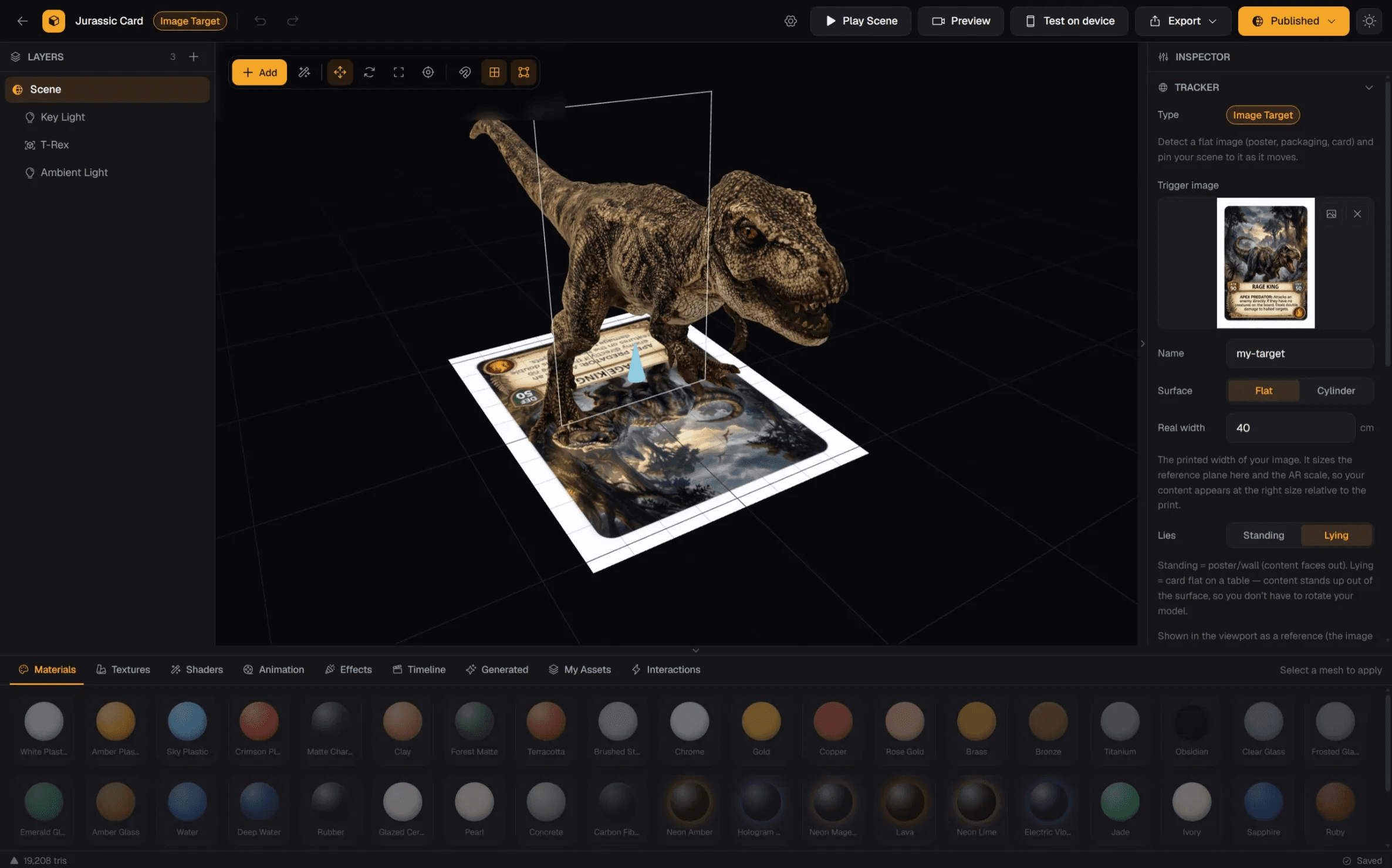 XR Designer image-target workspace positioning an animated Tyrannosaurus rex over a collectible card.